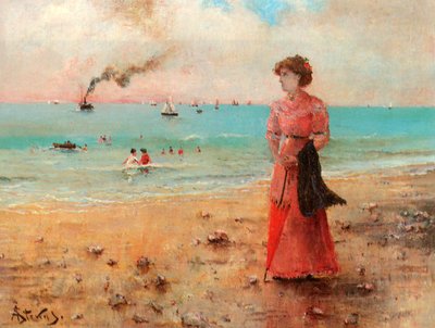 Junge Frau mit rotem Sonnenschirm am Meer von Alfred Emile Stevens